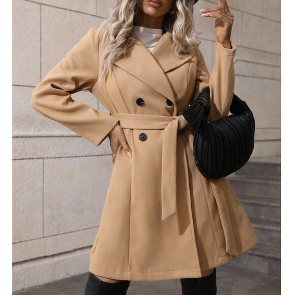 Tan Preppy Womens Lapel Neck Double Breasted Belted Overcoat - Picture 1 of 8
